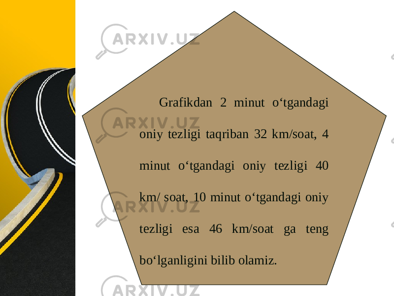 Grafikdan 2 minut o‘tgandagi oniy tezligi taqriban 32 km/soat, 4 minut o‘tgandagi oniy tezligi 40 km/ soat, 10 minut o‘tgandagi oniy tezligi esa 46 km/soat ga teng bo‘lganligini bilib olamiz. 