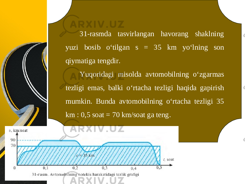 31-rasmda tasvirlangan havorang shaklning yuzi bosib o‘tilgan s = 35 km yo‘lning son qiymatiga tengdir. Yuqoridagi misolda avtomobilning o‘zgarmas tezligi emas, balki o‘rtacha tezligi haqida gapirish mumkin. Bunda avtomobilning o‘rtacha tezligi 35 km : 0,5 soat = 70 km/soat ga teng. 