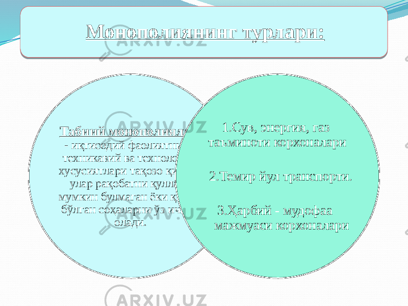 Монополиянинг турлари: Табиий монополиялар - иқтисодий фаолиятнинг техникавий ва технологик хусусиятлари тақозо қилиб, улар рақобатни қуллаш мумкин булмаган ёки қийин бўлган соҳаларни ўз ичига олади. 1.Сув, энергия, газ таъминоти корхоналари 2.Темир йул транспорти. 3.Ҳарбий - мудофаа мажмуаси корхоналари1D 