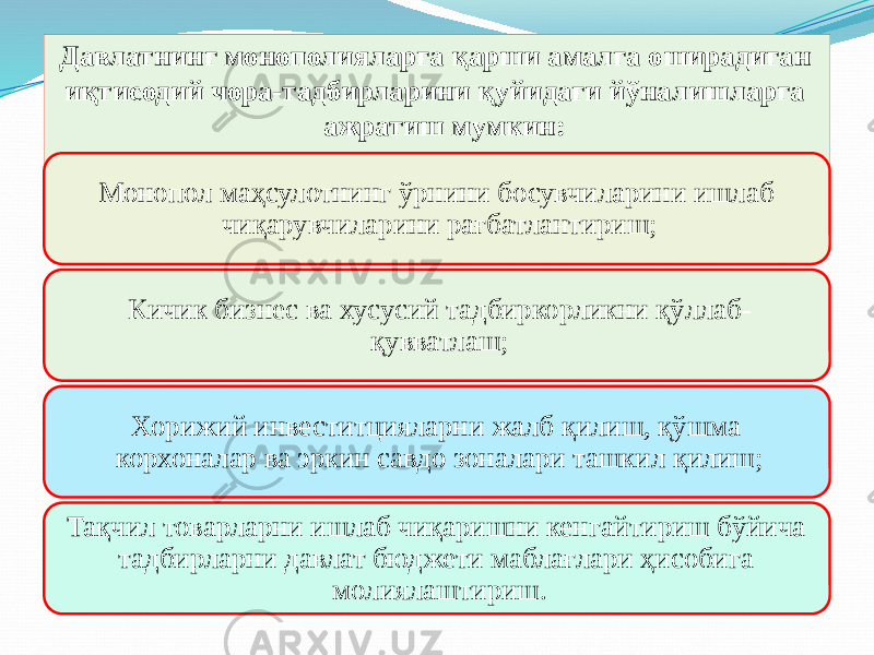 Давлатнинг монополияларга қарши амалга оширадиган иқтисодий чора-тадбирларини қуйидаги йўналишларга ажратиш мумкин: Монопол маҳсулотнинг ўрнини босувчиларини ишлаб чиқарувчиларини рағбатлантириш; Кичик бизнес ва хусусий тадбиркорликни қўллаб- қувватлаш; Хорижий инвеститцияларни жалб қилиш, қўшма корхоналар ва эркин савдо зоналари ташкил қилиш; Тақчил товарларни ишлаб чиқаришни кенгайтириш бўйича тадбирларни давлат бюджети маблағлари ҳисобига молиялаштириш. 