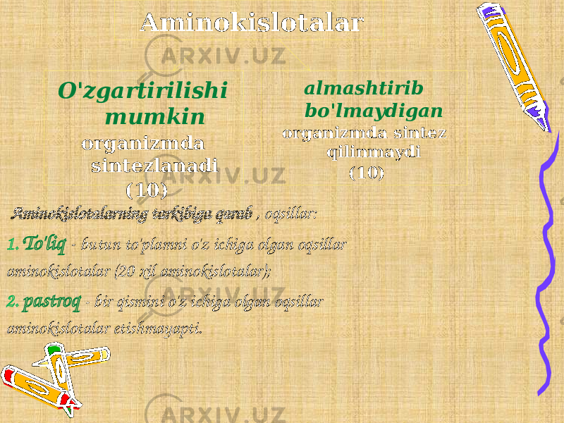  Aminokislotalarning tarkibiga qarab , oqsillar: 1. To&#39;liq - butun to&#39;plamni o&#39;z ichiga olgan oqsillar aminokislotalar (20 xil aminokislotalar); 2. pastroq - bir qismini o&#39;z ichiga olgan oqsillar aminokislotalar etishmayapti. Aminokislotalar O&#39;zgartirilishi mumkin organizmda sintezlanadi (10) almashtirib bo&#39;lmaydigan organizmda sintez qilinmaydi (10) 