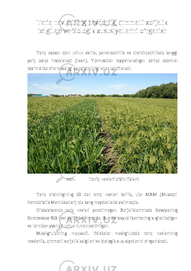 Tariq navlarining navdorlik, qimmatli xo’jalik belgilari va biologik xususiyatlarini o’rganish Tariq asosan doni uchun ekilib, parrandachilik va cho’chqachilikda tenggi yo’q oziqa hisoblanadi (rasm). Yormasidan tayyorlanadigan bo’tqa odamlar iste’molida o’ta mazaligi va to’yimliligi bilan ta’riflanadi. rasm. Tariq navlari o’simliklari. Tariq o’simligining 50 dan ortiq navlari bo’lib, ular MXM (Mustaqil Hamdo’stlik Mamlakatlari) ida keng maydonlarda ekilmoqda. O’zbekistonda tariq navlari yaratilmagan. Xo’jaliklarimizda Rossiyaning Saratovskoe 853 navi ekilib kelinmoqda. Bu nav respublikamizning sug’oriladigan va lalmikor yyerlari uchun tumanlashtirilgan. Mashg’ulotning maqsadi. Talabalar mashg’ulotda tariq navlarining navdorlik, qimmatli xo’jalik belgilari va biologik xususiyatlarini o’rganishadi. 