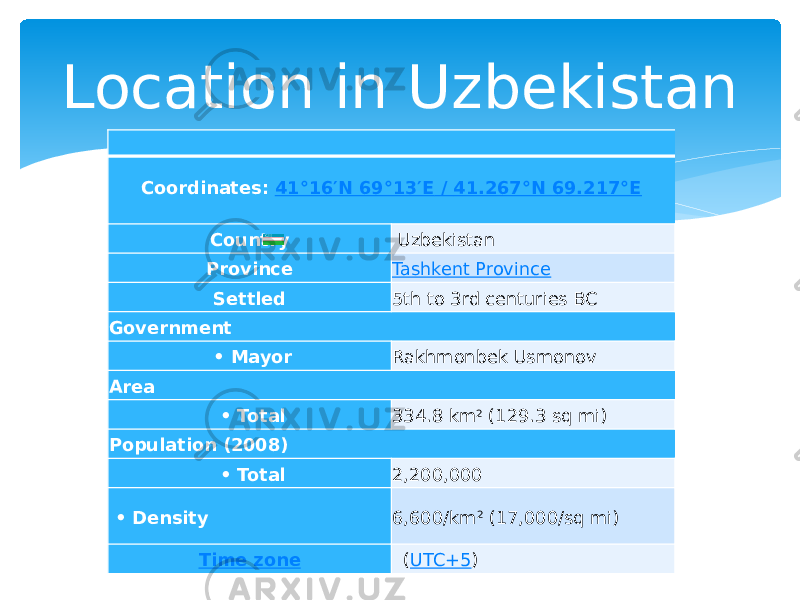 Location in Uzbekistan Coordinates:  41°16′N 69°13′E / 41.267°N 69.217°E Country   Uzbekistan Province Tashkent Province Settled 5th to 3rd centuries BC Government  •  Mayor Rakhmonbek Usmonov Area  •  Total 334.8 km 2  (129.3 sq mi) Population (2008)  •  Total 2,200,000  •  Density 6,600/km 2  (17,000/sq mi) Time zone   ( UTC+5 ) 