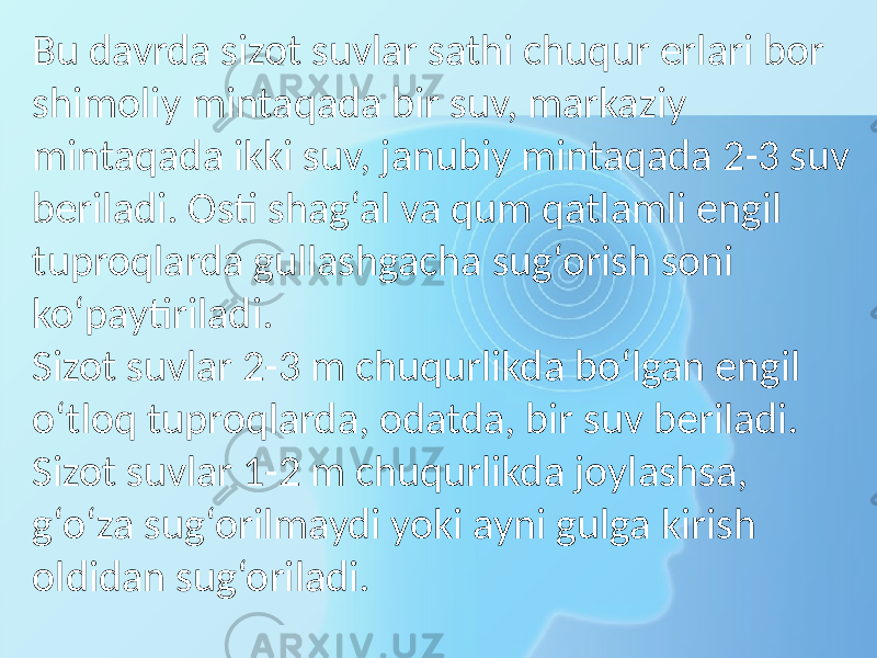 Bu davrda sizot suvlar sathi chuqur erlari bor shimoliy mintaqada bir suv, markaziy mintaqada ikki suv, janubiy mintaqada 2-3 suv beriladi. Osti shag‘al va qum qatlamli engil tuproqlarda gullashgacha sug‘orish soni ko‘paytiriladi. Sizot suvlar 2-3 m chuqurlikda bo‘lgan engil o‘tloq tuproqlarda, odatda, bir suv beriladi. Sizot suvlar 1-2 m chuqurlikda joylashsa, g‘o‘za sug‘orilmaydi yoki ayni gulga kirish oldidan sug‘oriladi. 