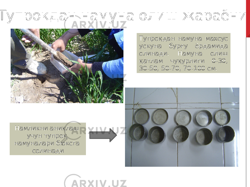  Тупроқдан намуна олиш жараёни Тупроқдан намуна махсус ускуна бурғу ёрдамида олинади. Намуна олиш қатлам чуқурлиги 0-30, 30-50, 50-70, 70-100 см. Намликни аниқлаш учун тупроқ намуналари бюксга солинади 