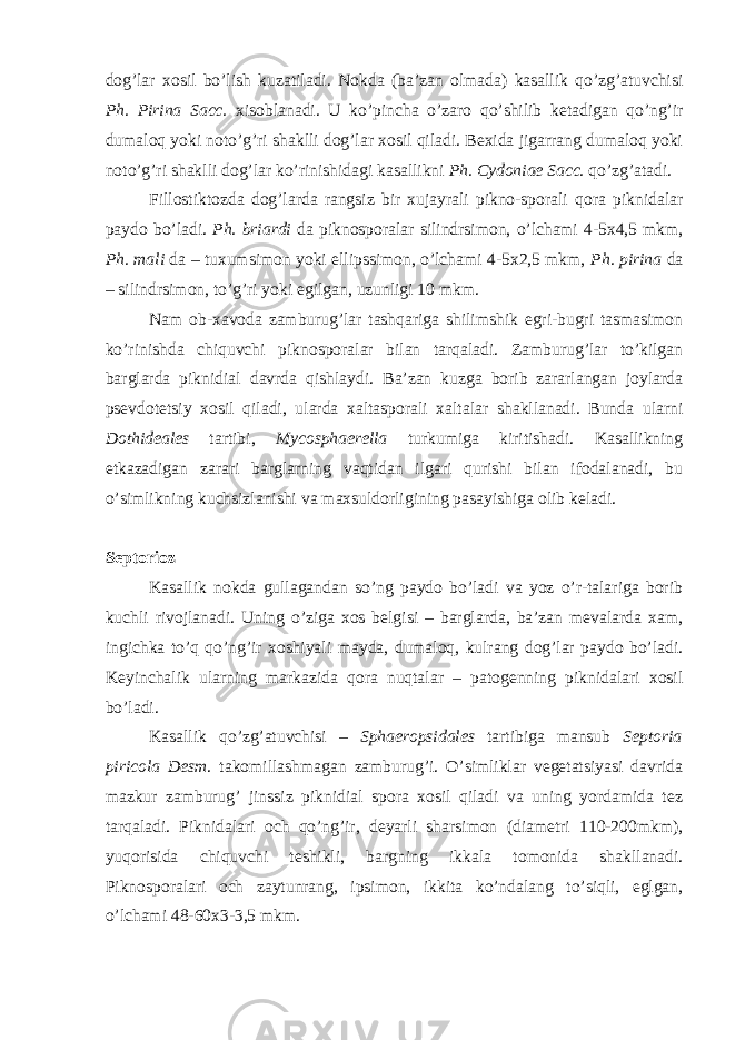 dog’lar xosil bo’lish kuzatiladi. Nokda (ba’zan olmada) kasallik qo’zg’atuvchisi Ph. Pirina Sacc. xisoblanadi. U ko’pincha o’zaro qo’shilib ketadigan qo’ng’ir dumaloq yoki noto’g’ri shaklli dog’lar xosil qiladi. Bexida jigarrang dumaloq yoki noto’g’ri shaklli dog’lar ko’rinishidagi kasallikni Ph. Cydoniae Sacc. qo’zg’atadi. Fillostiktozda dog’larda rangsiz bir xujayrali pikno-sporali qora piknidalar paydo bo’ladi. Ph. briardi da piknosporalar silindrsimon, o’lchami 4-5x4,5 mkm, Ph. mali da – tuxumsimon yoki ellipssimon, o’lchami 4-5x2,5 mkm, Ph. pirina da – silindrsimon, to’g’ri yoki egilgan, uzunligi 10 mkm. Nam ob-xavoda zamburug’lar tashqariga shilimshik egri-bugri tasmasimon ko’rinishda chiquvchi piknosporalar bilan tarqaladi. Zamburug’lar to’kilgan barglarda piknidial davrda qishlaydi. Ba’zan kuzga borib zararlangan joylarda psevdotetsiy xosil qiladi, ularda xaltasporali xaltalar shakllanadi. Bunda ularni Dothideales tartibi, Mycosphaerella turkumiga kiritishadi. Kasallikning etkazadigan zarari barglarning vaqtidan ilgari qurishi bilan ifodalanadi, bu o’simlikning kuchsizlanishi va maxsuldorligining pasayishiga olib keladi. Septorioz Kasallik nokda gullagandan so’ng paydo bo’ladi va yoz o’r-talariga borib kuchli rivojlanadi. Uning o’ziga xos belgisi – barglarda, ba’zan mevalarda xam, ingichka to’q qo’ng’ir xoshiyali mayda, dumaloq, kulrang dog’lar paydo bo’ladi. Keyinchalik ularning markazida qora nuqtalar – patogenning piknidalari xosil bo’ladi. Kasallik qo’zg’atuvchisi – Sphaeropsidales tartibiga mansub Septoria piricola Desm . takomillashmagan zamburug’i. O’simliklar vegetatsiyasi davrida mazkur zamburug’ jinssiz piknidial spora xosil qiladi va uning yordamida tez tarqaladi. Piknidalari och qo’ng’ir, deyarli sharsimon (diametri 110-200mkm), yuqorisida chiquvchi teshikli, bargning ikkala tomonida shakllanadi. Piknosporalari och zaytunrang, ipsimon, ikkita ko’ndalang to’siqli, eglgan, o’lchami 48-60x3-3,5 mkm. 