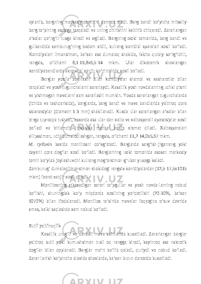 aylanib, bargning markaziy tomirini qamrab oladi. Barg bandi bo’yicha mitseliy barg to’pining asosiga tarqaladi va uning chirishini keltirib chiqaradi. Zararlangan a’zolar qo’ng’ir tusga kiradi va egiladi. Bargning ostki tomonida, barg bandi va gulbandida zamburug’ning bodom xidli, kulrang konidial sporalari xosil bo’ladi. Konidiyalari limonsimon, ba’zan esa dumaloq shaklda, ikkita qutbiy so’rg’ichli, rangsiz, o’lchami 8,1-19,8x6,5-14 mkm. Ular dixotomik shoxlangan konidiyabandlarda akropetal zanjir ko’rinishida xosil bo’ladi. Barglar yozila boshlashi bilan konidiyalar shamol va xasharotlar bilan tarqaladi va yosh tugunchalarni zararlaydi. Kasallik yosh novdalarning uchki qismi va pishmagan mevalarni xam zararlashi mumkin. Yozda zararlangan tugunchalarda (ichida va tashqarisida), barglarda, barg bandi va meva bandlarida yaltiroq qora sklerotsiylar (diametri 1-3 mm) shakllanadi. Kuzda ular zararlangan a’zolar bilan birga tuproqqa tushadi, baxorda esa ular-dan xalta va xaltasporali apotetsiylar xosil bo’ladi va birlamchi infeksiya manbai bo’lib xizmat qiladi. Xaltasporalari ellipssimon, uchi dumaloqlashgan, rangsiz, o’lchami 11,2-14,0x5,67 mkm. M. cydonia bexida moniliozni qo’zg’atadi. Barglarda sarg’ish-jigarrang yoki deyarli qora dog’lar xosil bo’ladi. Barglarning ustki tomonida asosan markaziy tomir bo’ylab joylashuvchi kulrang mog’orsimon g’ubor yuzaga keladi. Zamburug’ dumaloqlimonsimon shakldagi rangsiz konidiyalardan (12,5-17,5x1015 mkm) iborat zanjir xosil qiladi. Moniliozning etkazadigan zarari to’pgullar va yosh novda-larning nobud bo’lishi, shuningdek ko’p miqdorda xosilning yo’qotilishi (20-30%, ba’zan 6070%) bilan ifodalanadi. Monilioz ta’sirida mevalar faqatgina o’suv davrida emas, balki saqlashda xam nobud bo’ladi. Sutli yaltiroqlik Kasallik urug’li va danakli meva ekinlarida kuzatiladi. Zararlangan barglar yaltiroq sutli yoki kumushsimon tusli oq rangga kiradi, keyinroq esa nekrotik dog’lar bilan qoplanadi. Barglar mo’rt bo’lib qoladi, quriydi va nobud bo’ladi. Zarar-lanish ko’pincha aloxida shoxlarda, ba’zan butun daraxtda kuzatiladi. 