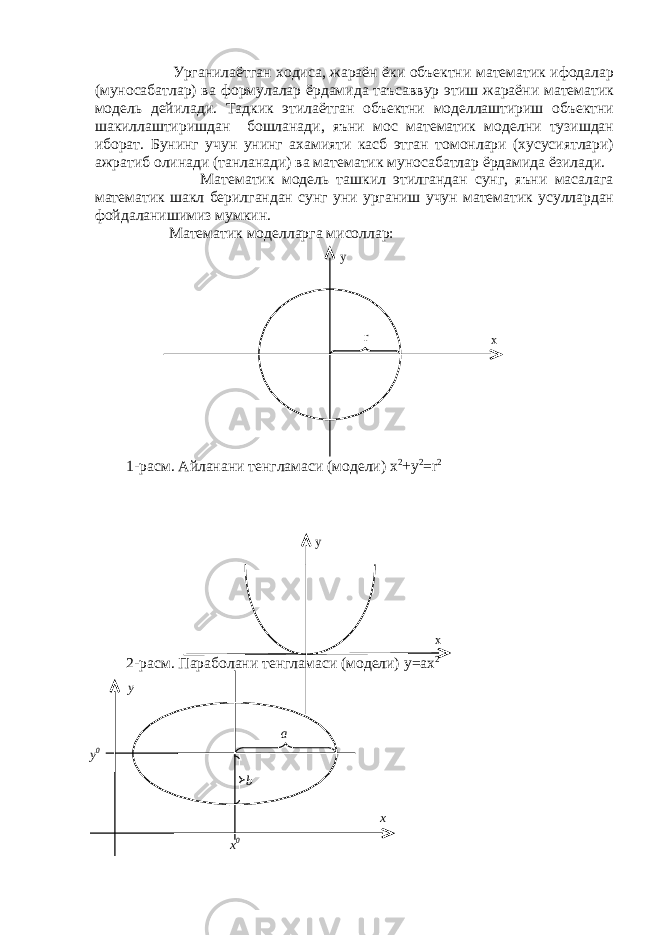  Урганилаётган ходиса, жараён ёки объектни математик ифодалар (муносабатлар) ва формулалар ёрдамида таъсаввур этиш жараёни математик модель дейилади. Тадкик этилаётган объектни моделлаштириш объектни шакиллаштиришдан бошланади, яъни мос математик моделни тузишдан иборат. Бунинг учун унинг ахамияти касб этган томонлари (хусусиятлари) ажратиб олинади (танланади) ва математик муносабатлар ёрдамида ёзилади. Математик модель ташкил этилгандан сунг, яъни масалага математик шакл берилгандан сунг уни урганиш учун математик усуллардан фойдаланишимиз мумкин. Математик моделларга мисоллар: 1-расм. Айланани тенгламаси (модели) x 2 + y 2 = r 2 2-расм. Параболани тенгламаси (модели) y = ax 2 r y x y x y y 0 x 0 x b a 