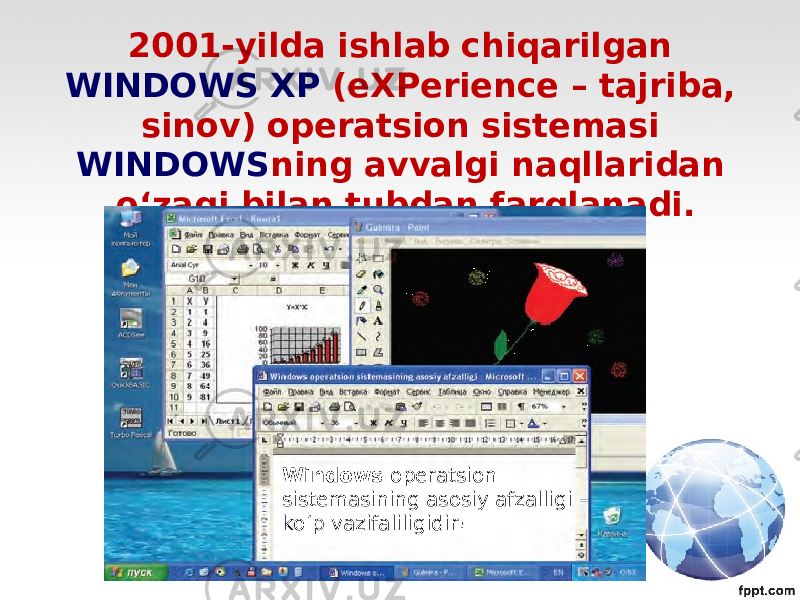 2001-yilda ishlab chiqarilgan WINDOWS XP (eXPerience – tajriba, sinov) operatsion sistemasi WINDOWS ning avvalgi naqllaridan o‘zagi bilan tubdan farqlanadi. Windows operatsion sistemasining asosiy afzalligi – ko‘p vazifaliligidir! 