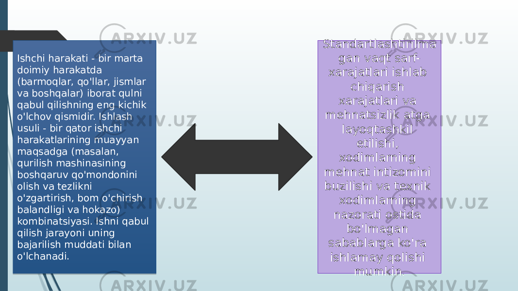 Ishchi harakati - bir marta doimiy harakatda (barmoqlar, qo&#39;llar, jismlar va boshqalar) iborat qulni qabul qilishning eng kichik o&#39;lchov qismidir. Ishlash usuli - bir qator ishchi harakatlarining muayyan maqsadga (masalan, qurilish mashinasining boshqaruv qo&#39;mondonini olish va tezlikni o&#39;zgartirish, bom o&#39;chirish balandligi va hokazo) kombinatsiyasi. Ishni qabul qilish jarayoni uning bajarilish muddati bilan o&#39;lchanadi. Standartlashtirilma gan vaqt sarf- xarajatlari ishlab chiqarish xarajatlari va mehnatsizlik atga layoqtashkil etilishi, xodimlarning mehnat intizomini buzilishi va texnik xodimlarning nazorati ostida bo&#39;lmagan sabablarga ko&#39;ra ishlamay qolishi mumkin . 3006 16 34 12 24 0D26 1706 0709 0B 24 0E 0D08 0D26 0E 11 24 0E 0D26 