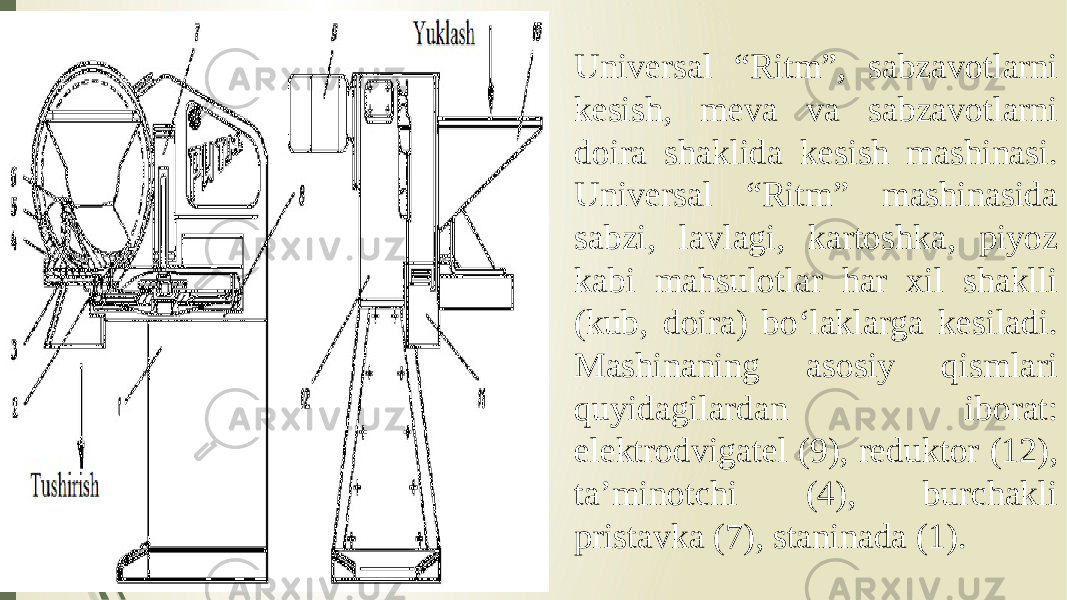 Universal “Ritm”, sabzavotlarni kesish, meva va sabzavotlarni doira shaklida kesish mashinasi. Universal “Ritm” mashinasida sabzi, lavlagi, kartoshka, piyoz kabi mahsulotlar har xil shaklli (kub, doira) bo‘laklarga kesiladi. Mashinaning asosiy qismlari quyidagilardan iborat: elektrodvigatel (9), reduktor (12), ta’minotchi (4), burchakli pristavka (7), staninada (1). 
