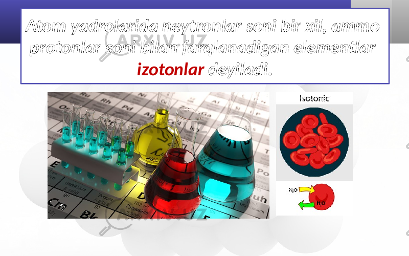 Atom yadrolarida neytronlar soni bir xil, ammo protonlar soni bilan farqlanadigan elementlar izotonlar deyiladi. 