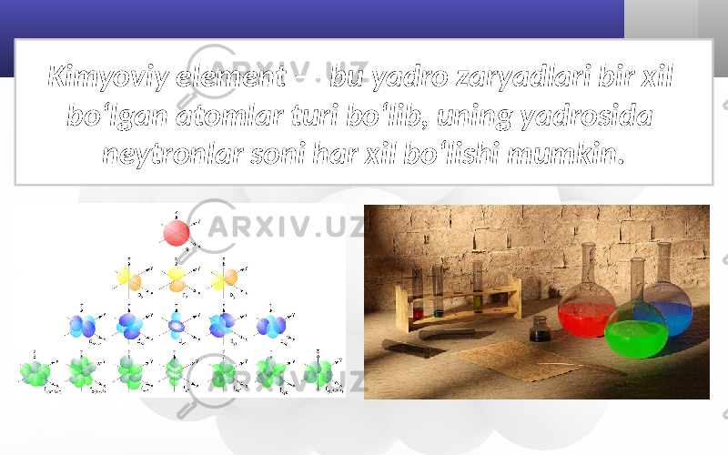 Kimyoviy element — bu yadro zaryadlari bir xil bo‘lgan atomlar turi bo‘lib, uning yadrosida neytronlar soni har xil bo‘lishi mumkin. 