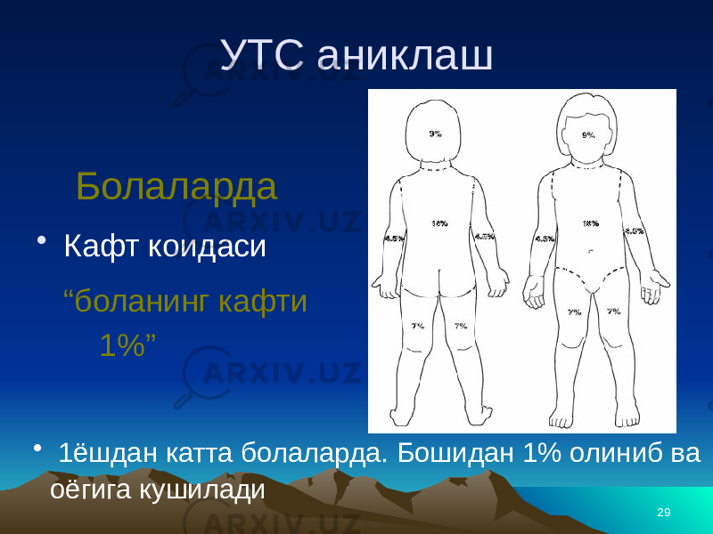 29УТС аниклаш Болаларда • Кафт коидаси “ боланинг кафти 1%” • 1ёшдан катта болаларда. Бошидан 1% олиниб ва оёгига кушилади 