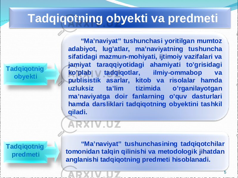 Tadqiqotnig predme ti Tadqiqotning ob y ekti va predmeti “ Ma’naviyat” tushunchasi y oritilgan mumtoz adabiyot, lug’atlar, ma’naviyatning tushuncha sifatidagi mazmun-mohiyati, ijtimoiy vazifalari va jamiyat taraqqiyotidagi ahamiyati to’grisidagi ko’plab tadqiqotlar, ilmiy-ommabop va publisistik asarlar, kitob va risolalar hamda uzluksiz ta’lim tizimida o’rganilayotgan ma’naviyatga doir fanlarning o’quv dasturlari hamda darsliklari tadqiqotning obyektini tashkil qiladi. “ Ma’naviyat” tushunchasining tadqiqotchilar tomonidan talqin qilinishi va metodologik jihatdan anglanishi tadqiqotning predmeti hisoblanadi.Tadqiqotnig ob y ekti 5 