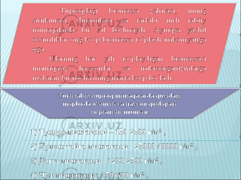 1) Тундра минтақаси – 150 - 2500 г / м² ; 2) Ўрмон -тайга минта қ аси - 25000- 40000 г / м² ; 3) Дашт минта қ аси - 1200- 2500 г / м² ; 4) Чўл минта қ аси - 350- 600 г / м² ; Tuproqdagi biomassa zahirasi, uning strukturasi, dinamikasi va tarkibi turli tabiiy mintaqalarda bir xil bo‘lmaydi. Ayniqsa yashil o‘simliklar eng ko‘p biomassa to‘plash imkoniyatiga ega. Ularning har yili to‘playdigan biomassasi umurtqasiz hayvonlar va mikroorganizmlarga nisbatan bir necha ming marta ko‘p bo‘ladi. Turli tabiiy-tuproq mintaqalarda quyidagi miqdorda o‘simlik va hayvon qoldiqlari to‘planishi mumkin: 