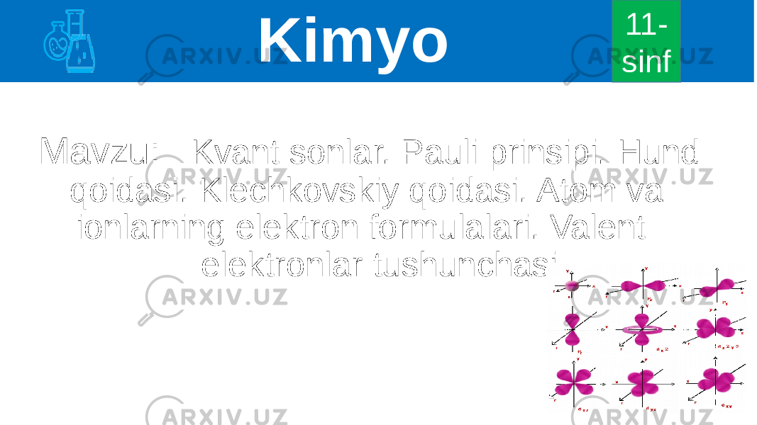  Kimyo Mavzu: Kvant sonlar. Pauli prinsipi. Hund qoidasi. Klechkovskiy qoidasi. Atom va ionlarning elektron formulalari. Valent elektronlar tushunchasi 11- sinf 