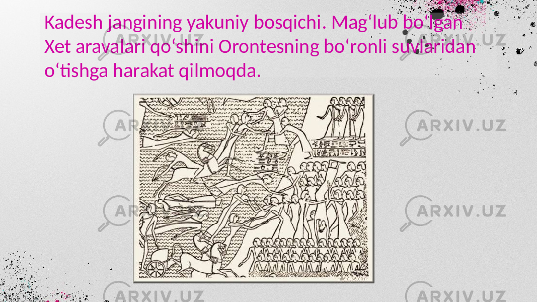 Kadesh jangining yakuniy bosqichi. Mag‘lub bo‘lgan Xet aravalari qo‘shini Orontesning bo‘ronli suvlaridan o‘tishga harakat qilmoqda. 