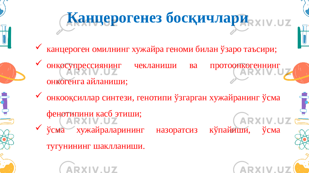 Канцерогенез босқичлари  канцероген омилнинг хужайра геноми билан ўзаро таъсири;  онкосупрессиянинг чекланиши ва протоонкогеннинг онкогенга айланиши;  онкооқсиллар синтези, генотипи ўзгарган хужайранинг ўсма фенотипини касб этиши;  ўсма хужайраларининг назоратсиз кўпайиши, ўсма тугунининг шаклланиши. 