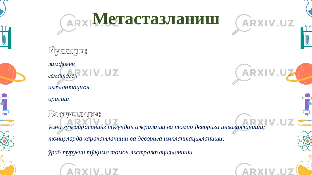 Метастазланиш Йуллари: лимфоген гематоген имплантацион аралаш Босқичлари: ўсма хужайрасининг тугундан ажралиши ва томир деворига инвазияланиши; томирларда харакатланиши ва деворига имплантацияланиши; ўраб турувчи тў қ има томон экстравазацияланиши. 