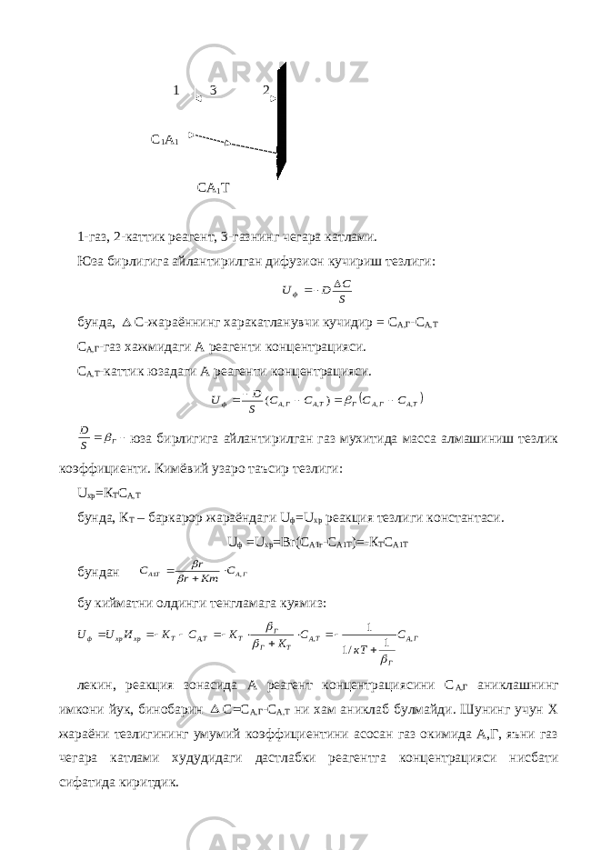  1 3 2 С 1 А 1 СА 1 Т 1-газ, 2-каттик реагент, 3-газнинг чегара катлами. Юза бирлигига айлантирилган дифузион кучириш тезлиги:S C D U ф    бунда,  С-жараённинг харакатланувчи кучидир = С А,Г -С А,Т С А,Г -газ хажмидаги А реагенти концентрацияси. С А,Т -каттик юзадаги А реагенти концентрацияси.  ТА ГА Г ТА ГА ф С С C C S D U , , , , ) (         Г S D  юза бирлигига айлантирилган газ мухитида масса алмашиниш тезлик коэффициенти. Кимёвий узаро таъсир тезлиги: U xp =К Т С А,Т бунда, К Т – баркарор жараёндаги U ф = U xp реакция тезлиги константаси. U ф = U хр = Br ( C A 1г - C A 1Т )=-К Т С А1Т бундан ГA ТА C Km r r С , 1      бу кийматни олдинги тенгламага куямиз: ГА Г ТА Т Г Г Т ТА Т хр xp ф С кТ С К К С К И U U , , , 1 /1 1             лекин, реакция зонасида А реагент концентрациясини С А,Г аниклашнинг имкони йук, бинобарин  С=С А,Г -С А,Т ни хам аниклаб булмайди. Шунинг учун Х жараёни тезлигининг умумий коэффициентини асосан газ окимида А,Г, яъни газ чегара катлами худудидаги дастлабки реагентга концентрацияси нисбати сифатида киритдик. 