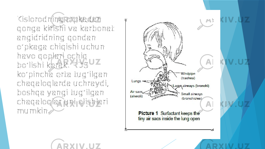 Kislorodning o’pkadan qonga kirishi va karbonat angidridning qondan o’pkaga chiqishi uchun havo qoplari ochiq bo’lishi kerak. RDS ko’pincha erta tug’ilgan chaqaloqlarda uchraydi, boshqa yangi tug’ilgan chaqaloqlar uni olishlari mumkin. 