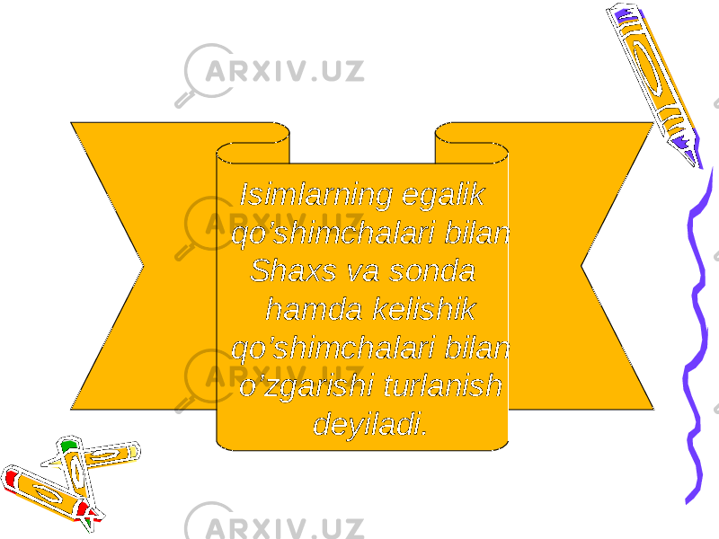 Isimlarning egalik qo’shimchalari bilan Shaxs va sonda hamda kelishik qo’shimchalari bilan o’zgarishi turlanish deyiladi. 