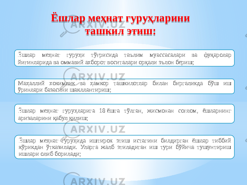 Ёшлар меҳнат гуруҳларини ташкил этиш: Ёшлар меҳнат гуруҳи тўғрисида таълим муассасалари ва фуқаролар йиғинларида ва оммавий ахборот воситалари орқали эълон бериш; Ёшлар меҳнат гуруҳларига 18 ёшга тўлган, жисмонан соғлом, ёшларнинг аризаларини қабул қилиш; Ёшлар меҳнат гуруҳида иштирок этиш истагини билдирган ёшлар тиббий кўрикдан ўтказилади. Уларга жалб этиладиган иш тури бўйича тушунтириш ишлари олиб борилади;Маҳаллий хокимлик ва ҳамкор ташкилотлар билан биргаликда бўш иш ўринлари базасини шакллантириш;32 03 