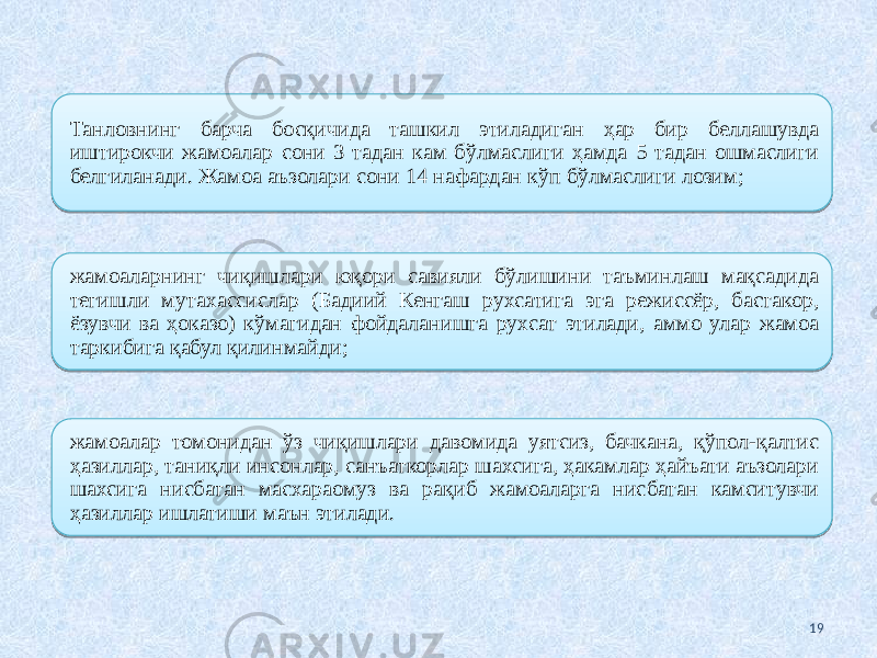 19Танловнинг барча босқичида ташкил этиладиган ҳар бир беллашувда иштирокчи жамоалар сони 3 тадан кам бўлмаслиги ҳамда 5 тадан ошмаслиги белгиланади. Жамоа аъзолари сони 14 нафардан кўп бўлмаслиги лозим; жамоаларнинг чиқишлари юқори савияли бўлишини таъминлаш мақсадида тегишли мутахассислар (Бадиий Кенгаш рухсатига эга режиссёр, бастакор, ёзувчи ва ҳоказо) кўмагидан фойдаланишга рухсат этилади, аммо улар жамоа таркибига қабул қилинмайди; жамоалар томонидан ўз чиқишлари давомида уятсиз, бачкана, қўпол-қалтис ҳазиллар, таниқли инсонлар, санъаткорлар шахсига, ҳакамлар ҳайъати аъзолари шахсига нисбатан масхараомуз ва рақиб жамоаларга нисбатан камситувчи ҳазиллар ишлатиши маън этилади.1B 0B 07 12 0F 27 0F 12 1702 05 1702 