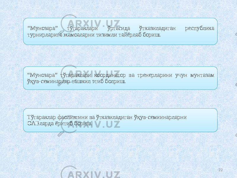  22“ Мунозара” тўгараклари ўртасида ўтказиладиган республика турнирларига жамоаларни тизимли тайёрлаб бориш. “ Мунозара” тўгараклари координатор ва тренерларини учун мунтазам ўқув-семинарлар ташкил этиб болриш. Тўгараклар фаолиятини ва ўтказиладиган ўқув-семиинарларни ОАВларда ёритиб бориш. 09 