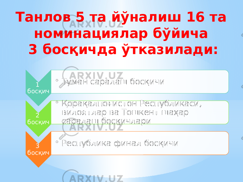 Танлов 5 та йўналиш 16 та номинациялар бўйича 3 босқичда ўтказилади: 1 босқич • Туман саралаш босқичи 2 босқич • Қорақалпоғистон Республикаси, вилоятлар ва Тошкент шаҳар саралаш босқичлари 3 босқич • Республика финал босқичи 