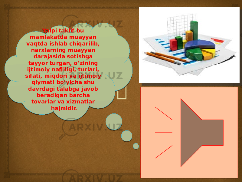 Yalpi taklif bu mamlakatda muayyan vaqtda ishlab chiqarilib, narxlarning muayyan darajasida sotishga tayyor turgan, o’zining ijtimoiy nafliligi, turlari, sifati, miqdori va ijtimoiy qiymati bo’yicha shu davrdagi talabga javob beradigan barcha tovarlar va xizmatlar hajmidir. 08 2B 34 2D 2E 23 22 29 42 2E 24 23 28 