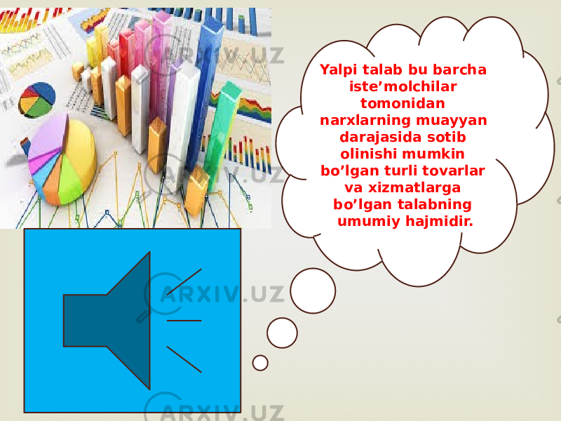 Yalpi talab bu barcha iste’molchilar tomonidan narxlarning muayyan darajasida sotib olinishi mumkin bo’lgan turli tovarlar va xizmatlarga bo’lgan talabning umumiy hajmidir. 