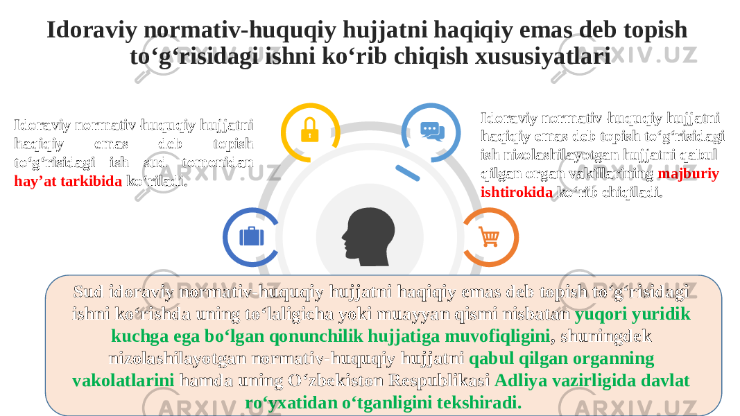 Idoraviy normativ-huquqiy hujjatni haqiqiy emas deb topish to‘g‘risidagi ishni ko‘rib chiqish xususiyatlari Idoraviy normativ-huquqiy hujjatni haqiqiy emas deb topish to‘g‘risidagi ish nizolashilayotgan hujjatni qabul qilgan organ vakillarining majburiy ishtirokida ko‘rib chiqiladi.Idoraviy normativ-huquqiy hujjatni haqiqiy emas deb topish to‘g‘risidagi ish sud tomonidan hay’at tarkibida ko‘riladi. Sud idoraviy normativ-huquqiy hujjatni haqiqiy emas deb topish to‘g‘risidagi ishni ko‘rishda uning to‘laligicha yoki muayyan qismi nisbatan yuqori yuridik kuchga ega bo‘lgan qonunchilik hujjatiga muvofiqligini , shuningdek nizolashilayotgan normativ-huquqiy hujjatni qabul qilgan organning vakolatlarini hamda uning O‘zbekiston Respublikasi Adliya vazirligida davlat ro‘yxatidan o‘tganligini tekshiradi. 