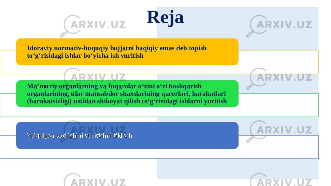 Reja Idoraviy normativ-huquqiy hujjatni haqiqiy emas deb topish to‘g‘risidagi ishlar bo‘yicha ish yuritish Ma’muriy organlarning va fuqarolar o‘zini o‘zi boshqarish organlarining, ular mansabdor shaxslarining qarorlari, harakatlari (harakatsizligi) ustidan shikoyat qilish to‘g‘risidagi ishlarni yuritish Yo‘qolgan sud ishini yuritishni tiklash 