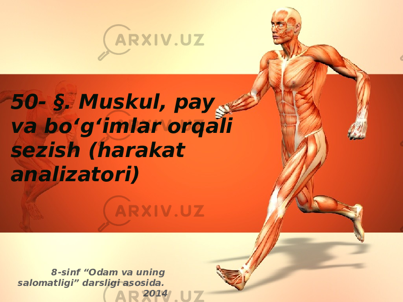 50- §. Muskul, pay va bo‘g‘imlar orqali sezish (harakat analizatori) 8-sinf “Odam va uning salomatligi” darsligi asosida. 2014 