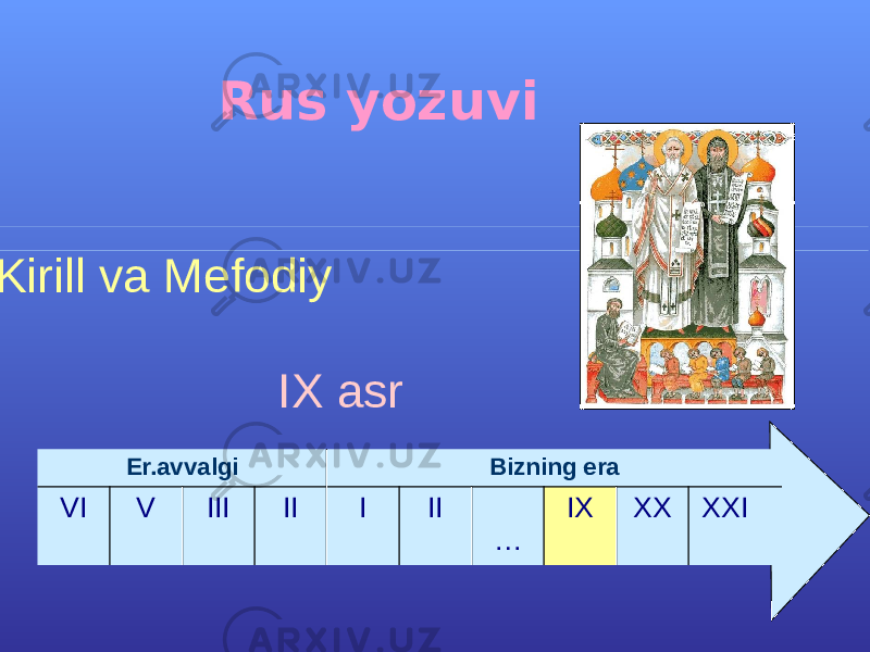 IX asr Er.avvalgi Bizning era VI V III II I II … IX XX XXI  Rus yozuvi Kirill va Mefodiy 