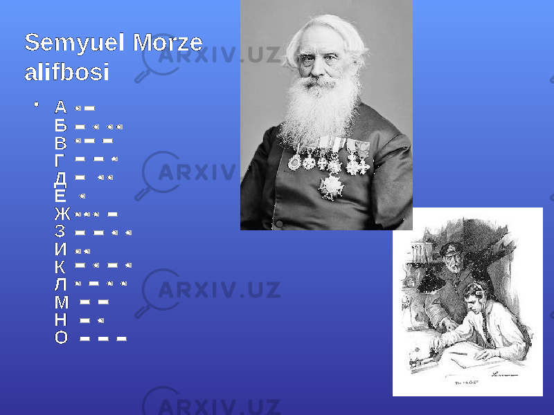 • А           Б     В     Г     Д     Е     Ж     З     И     К     Л     М     Н     О     Semyuel Mоrze аlifbosi 