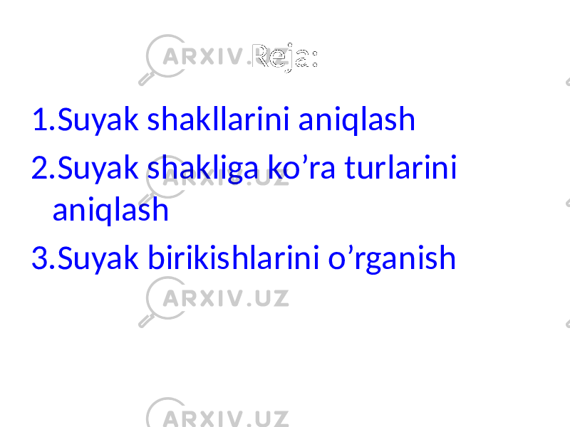 Reja: 1.Suyak shakllarini aniqlash 2.Suyak shakliga ko’ra turlarini aniqlash 3.Suyak birikishlarini o’rganish 