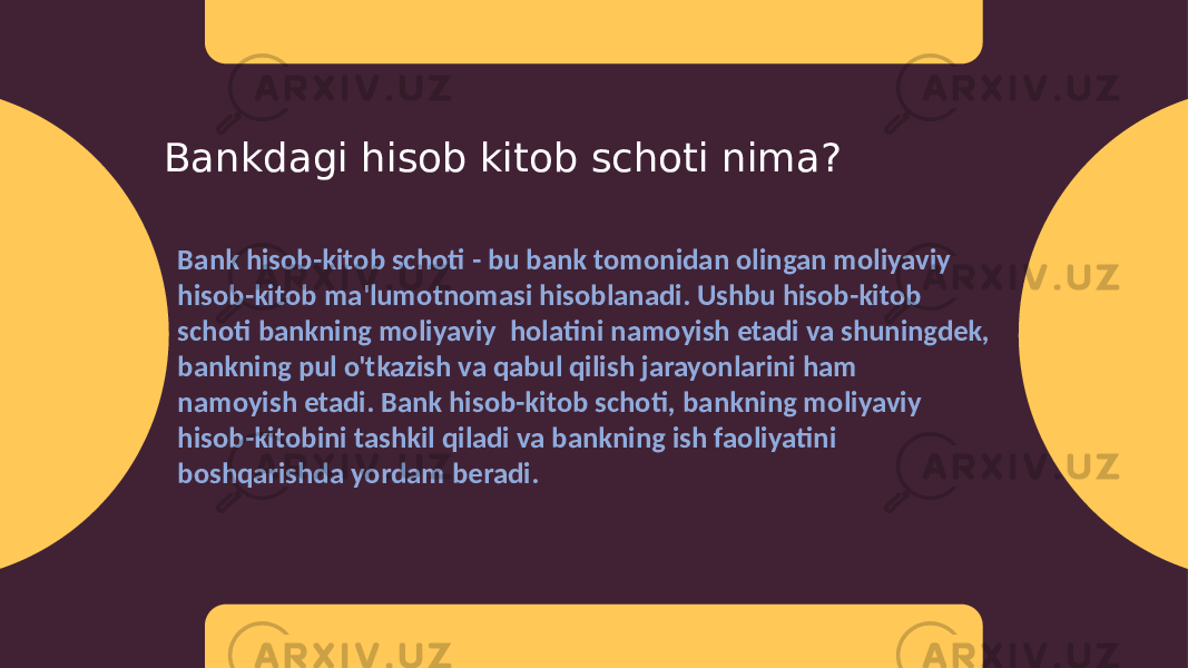Bankdagi hisob kitob schoti nima? Bank hisob-kitob schoti - bu bank tomonidan olingan moliyaviy hisob-kitob ma&#39;lumotnomasi hisoblanadi. Ushbu hisob-kitob schoti bankning moliyaviy holatini namoyish etadi va shuningdek, bankning pul o&#39;tkazish va qabul qilish jarayonlarini ham namoyish etadi. Bank hisob-kitob schoti, bankning moliyaviy hisob-kitobini tashkil qiladi va bankning ish faoliyatini boshqarishda yordam beradi. 