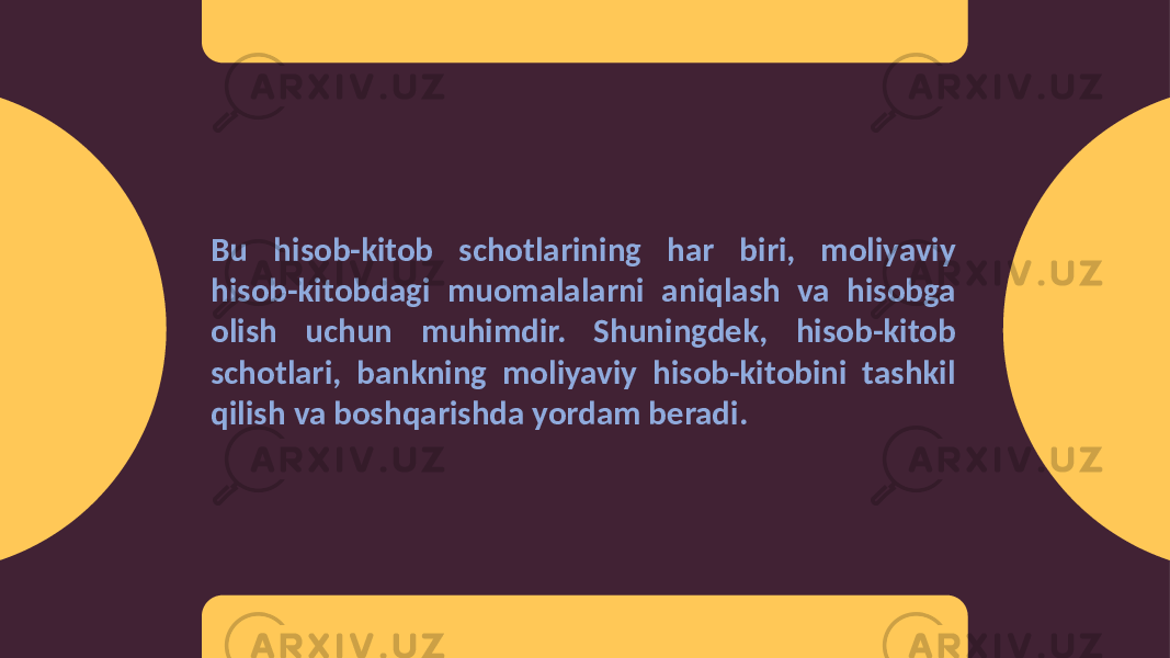 Bu hisob-kitob schotlarining har biri, moliyaviy hisob-kitobdagi muomalalarni aniqlash va hisobga olish uchun muhimdir. Shuningdek, hisob-kitob schotlari, bankning moliyaviy hisob-kitobini tashkil qilish va boshqarishda yordam beradi. 