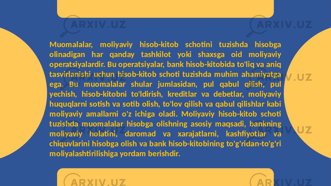 Muomalalar, moliyaviy hisob-kitob schotini tuzishda hisobga olinadigan har qanday tashkilot yoki shaxsga oid moliyaviy operatsiyalardir. Bu operatsiyalar, bank hisob-kitobida to&#39;liq va aniq tasvirlanishi uchun hisob-kitob schoti tuzishda muhim ahamiyatga ega. Bu muomalalar shular jumlasidan, pul qabul qilish, pul yechish, hisob-kitobni to&#39;ldirish, kreditlar va debetlar, moliyaviy huquqlarni sotish va sotib olish, to&#39;lov qilish va qabul qilishlar kabi moliyaviy amallarni o&#39;z ichiga oladi. Moliyaviy hisob-kitob schoti tuzishda muomalalar hisobga olishning asosiy maqsadi, bankning moliyaviy holatini, daromad va xarajatlarni, kashfiyotlar va chiquvlarini hisobga olish va bank hisob-kitobining to&#39;g&#39;ridan-to&#39;g&#39;ri moliyalashtirilishiga yordam berishdir. 