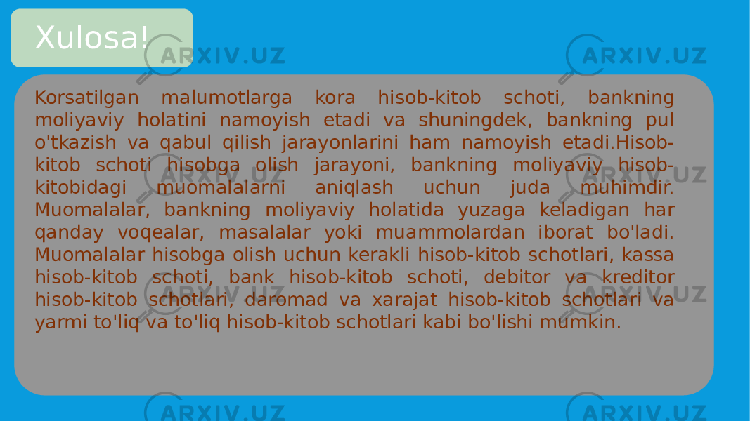 Xulosa! Korsatilgan malumotlarga kora hisob-kitob schoti, bankning moliyaviy holatini namoyish etadi va shuningdek, bankning pul o&#39;tkazish va qabul qilish jarayonlarini ham namoyish etadi.Hisob- kitob schoti hisobga olish jarayoni, bankning moliyaviy hisob- kitobidagi muomalalarni aniqlash uchun juda muhimdir. Muomalalar, bankning moliyaviy holatida yuzaga keladigan har qanday voqealar, masalalar yoki muammolardan iborat bo&#39;ladi. Muomalalar hisobga olish uchun kerakli hisob-kitob schotlari, kassa hisob-kitob schoti, bank hisob-kitob schoti, debitor va kreditor hisob-kitob schotlari, daromad va xarajat hisob-kitob schotlari va yarmi to&#39;liq va to&#39;liq hisob-kitob schotlari kabi bo&#39;lishi mumkin. 