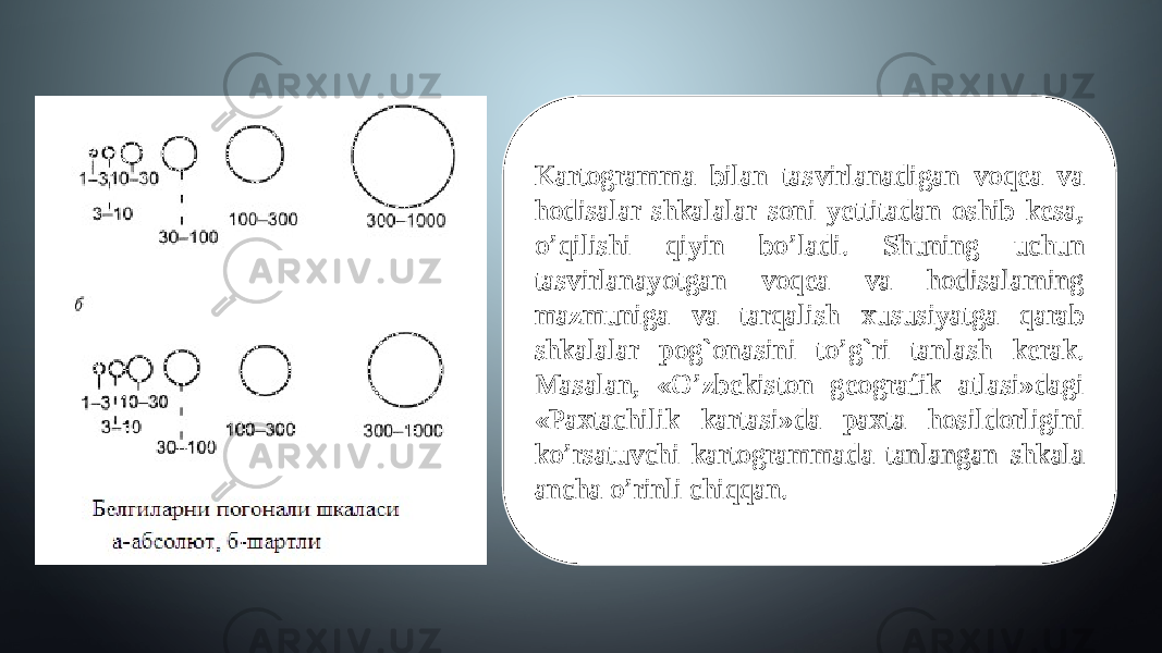 Kartogramma bilan tasvirlanadigan voqea va hodisalar shkalalar soni yettitadan oshib kesa, o’qilishi qiyin bo’ladi. Shuning uchun tasvirlanayotgan voqea va hodisalarning mazmuniga va tarqalish xususiyatga qarab shkalalar pog`onasini to’g`ri tanlash kerak. Masalan, «O’zbekiston geografik atlasi»dagi «Paxtachilik kartasi»da paxta hosildorligini ko’rsatuvchi kartogrammada tanlangan shkala ancha o’rinli chiqqan. 