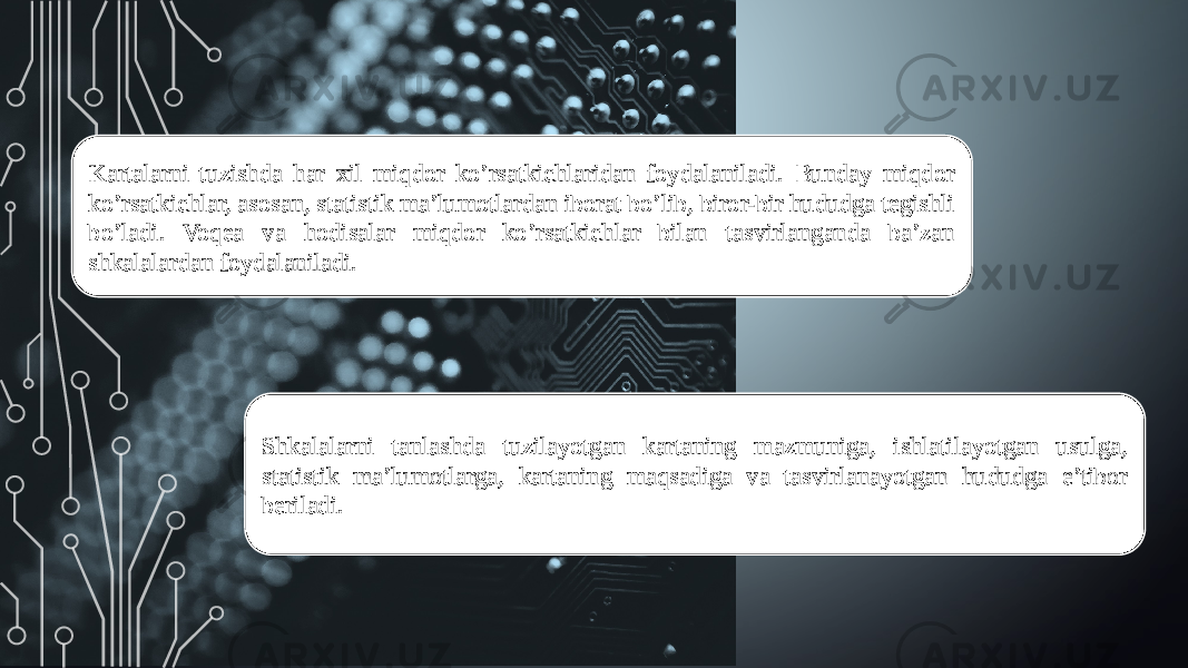 Kartalarni tuzishda har xil miqdor ko’rsatkichlaridan foydalaniladi. Bunday miqdor ko’rsatkichlar, asosan, statistik ma’lumotlardan iborat bo’lib, biror-bir hududga tegishli bo’ladi. Voqea va hodisalar miqdor ko’rsatkichlar bilan tasvirlanganda ba’zan shkalalardan foydalaniladi. Shkalalarni tanlashda tuzilayotgan kartaning mazmuniga, ishlatilayotgan usulga, statistik ma’lumotlarga, kartaning maqsadiga va tasvirlanayotgan hududga e’tibor beriladi. 