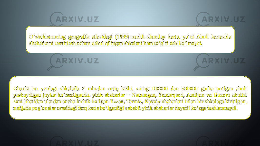 O’zbekistonning geografik atlasidagi (1999) xuddi shunday karta, ya’ni Aholi kartasida shaharlarni tasvirlash uchun qabul qilingan shkalani ham to’g`ri deb bo’lmaydi. Chunki bu yerdagi shkalada 2 mln.dan ortiq kishi, so’ng 100000 dan 500000 gacha bo’lgan aholi yashaydigan joylar ko’rsatilganda, yirik shaharlar – Namangan, Samarqand, Andijon va Buxoro aholisi soni jihatidan ulardan ancha kichik bo’lgan Jizzax, Termiz, Navoiy shaharlari bilan bir shkalaga kiritilgan, natijada pog`onalar orasidagi farq katta bo’lganligi sababli yirik shaharlar deyarli ko’zga tashlanmaydi. 