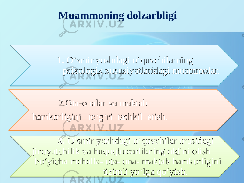 Muammoning dolzarbligi 1. O‘smir yoshdagi o‘quvchilarning psixologik xususiyatlaridagi muammolar. 2.Ota-onalar va maktab hamkorligini to‘g‘ri tashkil etish. 3. O‘smir yoshdagi o‘quvchilar orasidagi jinoyatchilik va huquqbuzarlikning oldini olish bo‘yicha mahalla- ota- ona- maktab hamkorligini tizimli yo‘lga qo‘yish. 0707 2220 01 140406 0707 19 01 0A0C05 0707 2320 0102 1D 1B09 17 