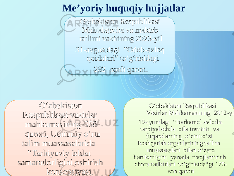 Me’yoriy huquqiy hujjatlar O‘zbekiston Respublikasi Maktabgacha va maktab ta’limi vazirining 2023-yil 31-avgustdagi “Odob-axloq qoidalari” to‘g‘risidagi 282- sonli qarori. O‘zbekiston Respublikasi Vazirlar Mahkamasining 2012-yil 19-iyundagi “Barkamol avlodni tarbiyalashda oila instituti va fuqarolarning o‘zini-o‘zi boshqarish organlarining ta’lim muassasalari bilan o‘zaro hamkorligini yanada rivojlantirish chora-tadbirlari to‘g‘risida”gi 175- son qarori. O‘zbekiston Respublikasi vazirlar mahkamasining-558- qarori, Umumiy o’rta talim muassasalarida “Tarbiyaviy ishlar samaradorligini oshirish konsepsiyasi. 02 2A 17 01 2C2D1A 0E0906 192E191A0104 01 02 2F 01 2D 17 21 1B 05 0A 11 0409 01 02031E1B1C16 291C0414 050C0A 0E0C 170C12 2334 040C050C070C0B 16 