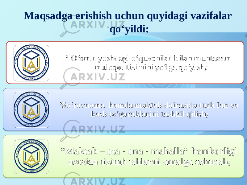 Maqsadga erishish uchun quyidagi vazifalar qo‘yildi: • O‘smir yoshdagi o‘quvchilar bilan muntazam muloqot tizimini yo‘lga qo‘yish; • So‘rovnoma hamda maktab doirasida turli fan va kasb to‘garaklarini tashkil qilish; “ Maktab – ota - ona - mahalla” hamkorligi asosida tizimli ishlarni amalga oshirish; 01 21 03 17 01020304 020A08 