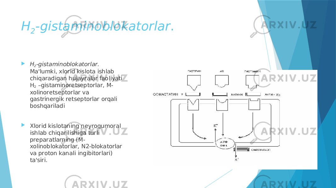 H 2 -gistaminoblokatorlar .  H 2 -gistaminoblokatorlar . Ma&#39;lumki, xlorid kislota ishlab chiqaradigan hujayralar faoliyati H 2  –gistaminorеtsеptorlar, M- xolinorеtsеptorlar va gastrinеrgik rеtsеptorlar orqali boshqariladi  Xlorid kislotaning nеyrogumoral ishlab chiqarilishiga turli prеparatlarning (M- xolinoblokatorlar, N2-blokatorlar va proton kanali ingibitorlari) ta&#39;siri. 